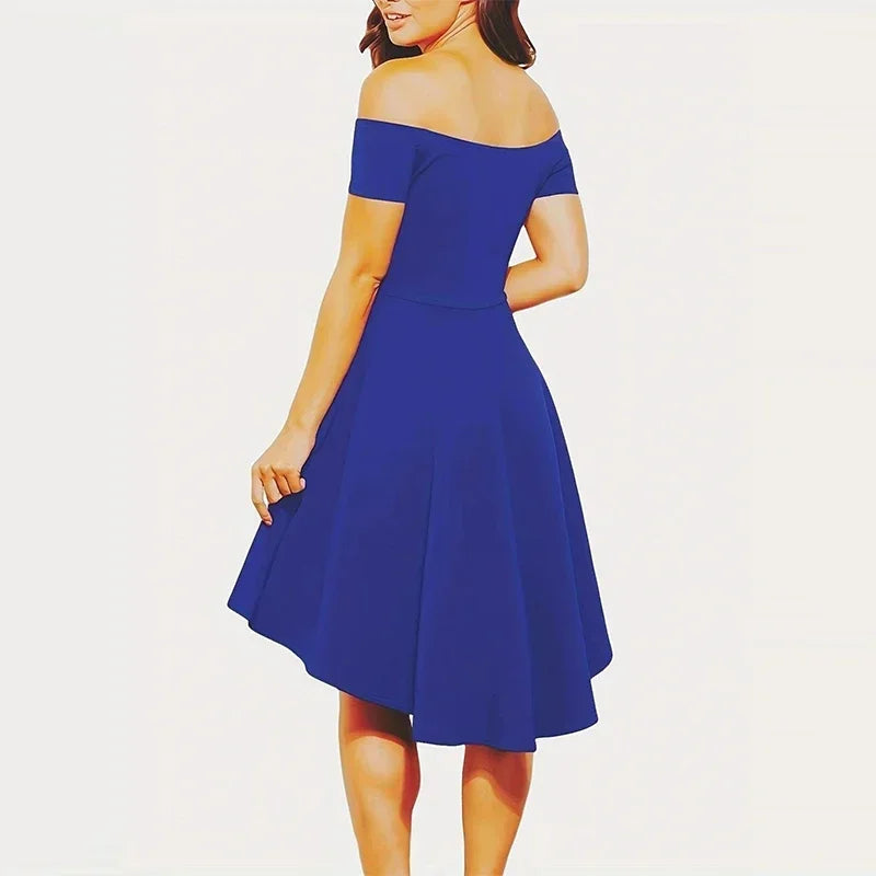 Vestido midi asimétrico de hombros descubiertos