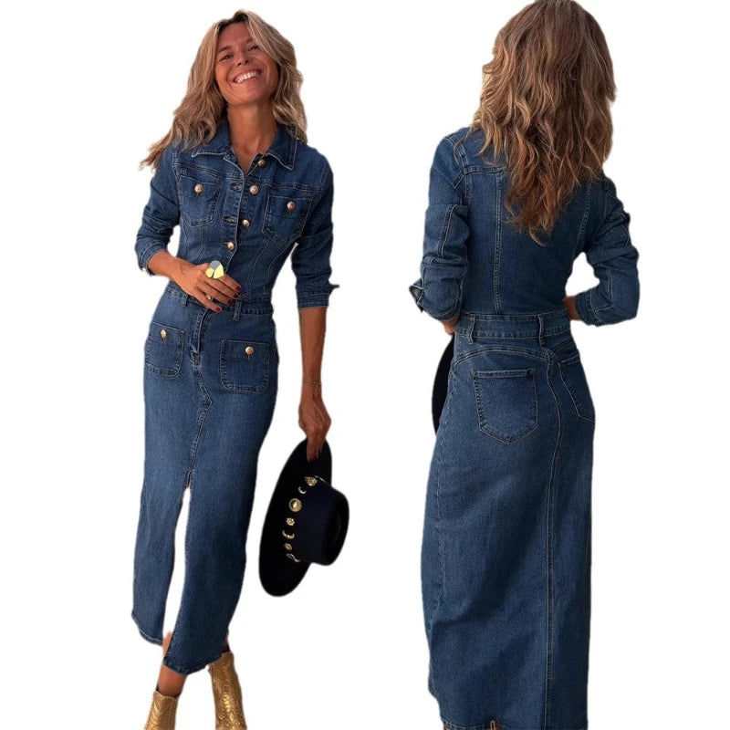 Vestido midi camisero abotonado de manga larga