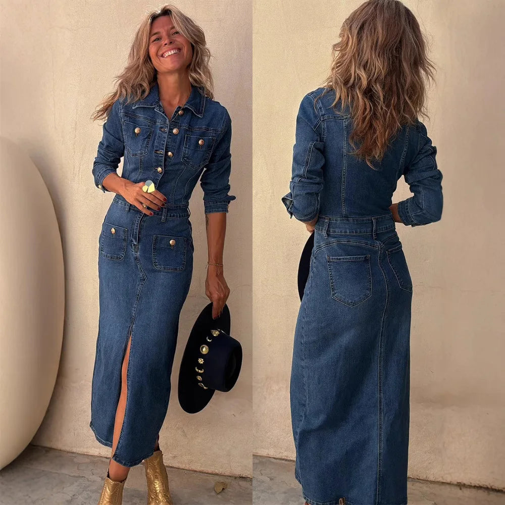 Vestido midi camisero abotonado de manga larga